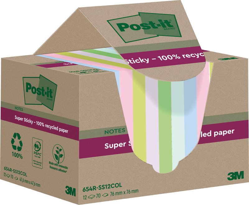 Post-it Super Sticky, 76x76mm, Recy., farbig sortiert, 12Stk Pic1