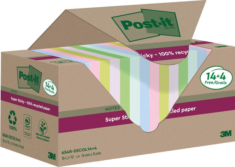 Post-it Super Sticky, 76x76mm, Recy., farbig sortiert, 14+4 Pic1