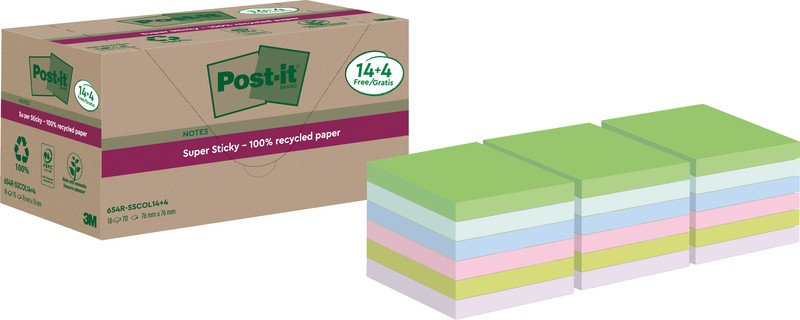 Post-it Super Sticky, 76x76mm, Recy., farbig sortiert, 14+4 Pic2