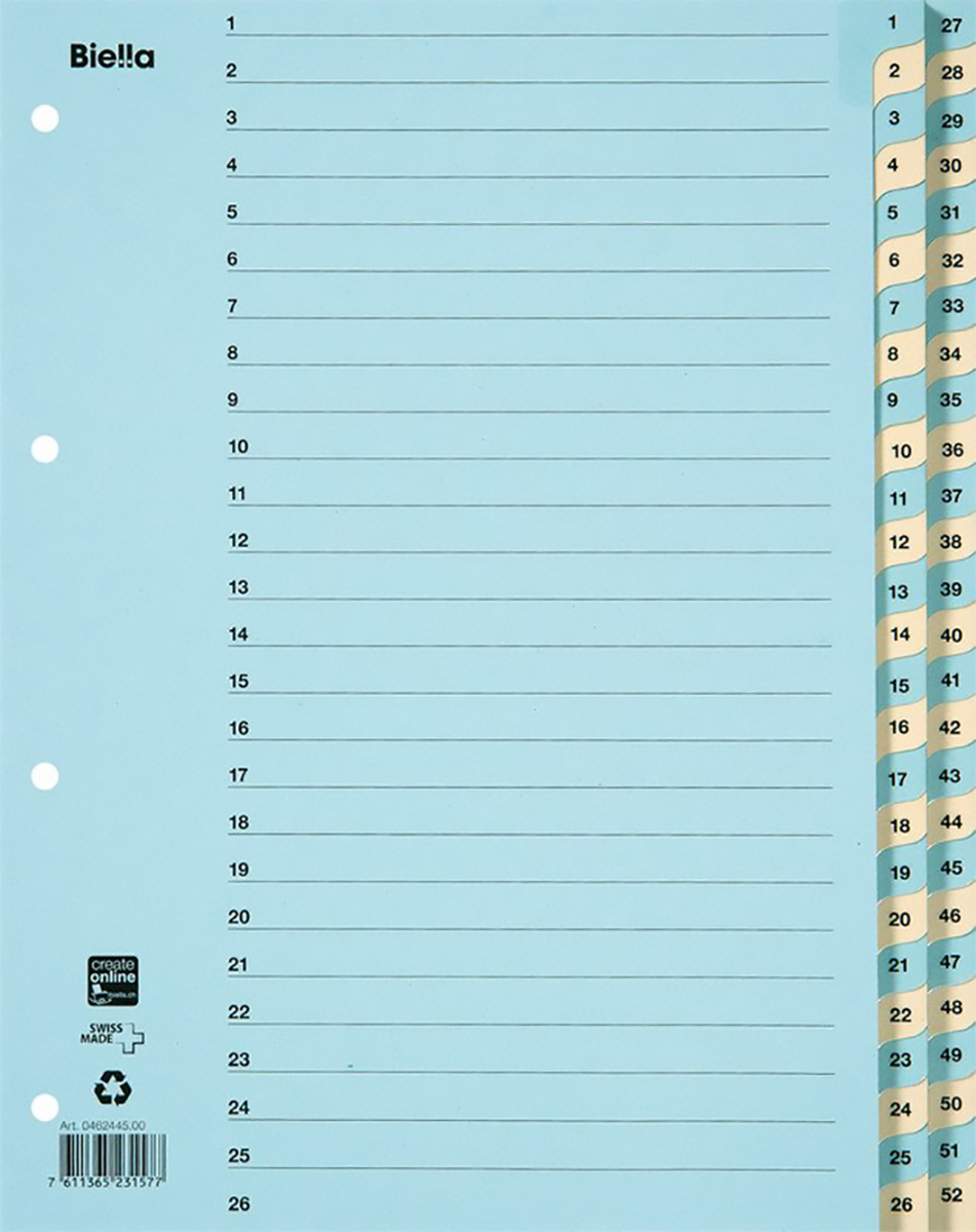 Biella Kartonregister A4 220gr 1-52 mit Indexblatt Pic1