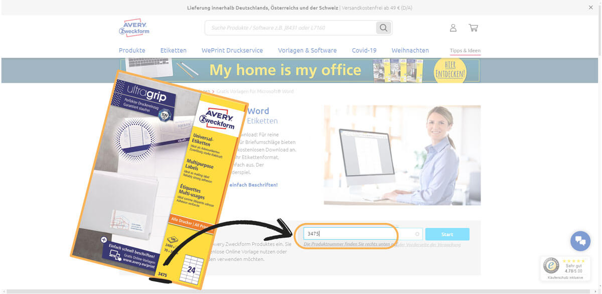 Produktnummer im Avery Onlinefenster eingeben