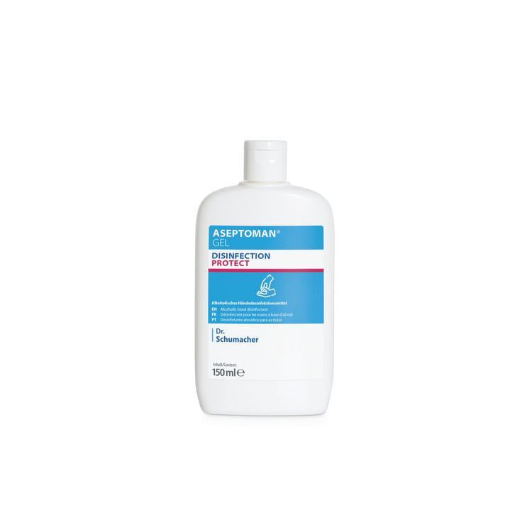 Dr. Schumacher Händedesinfektionsgel Aseptoman – viruzid, parfümfrei – Kittelflasche – 150 ml