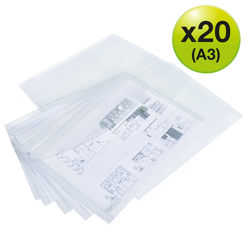 Rapesco Dokumententasche A3, Druckknopf, matt, transparent – 20 Stück