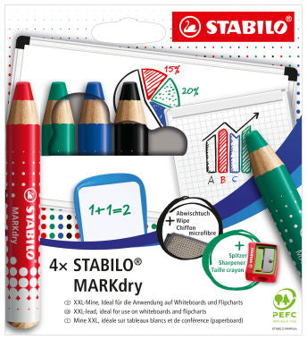 STABILO Whiteboard-Marker MARKdry – Rundspitze 2-5 mm – sortiert – 4er-Set – trocken abwischbar