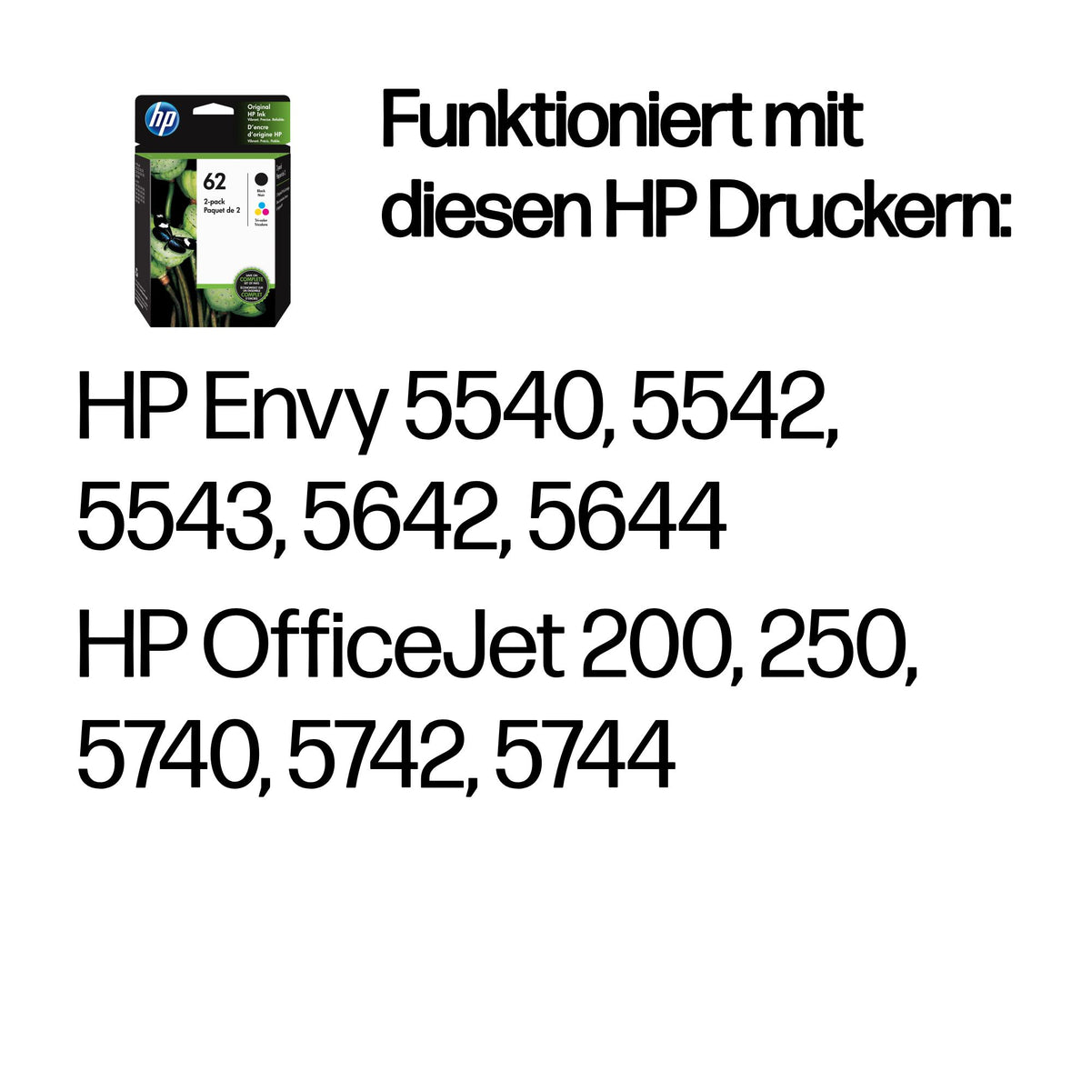 HP 62 Tintenpatronen-Multipack, Schwarz/Cyan/Magenta/Gelb (Original) – für HP Envy/OfficeJet
