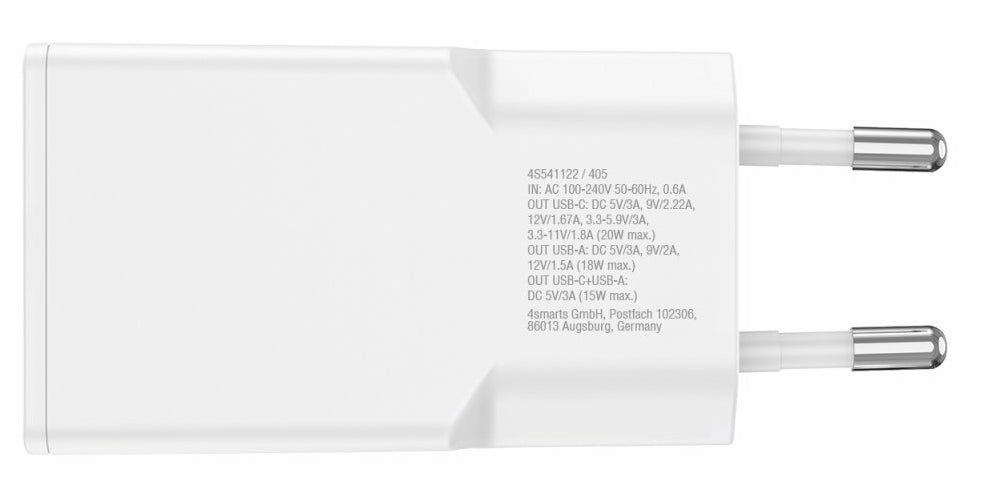 4smarts PDPlug Duos Slim USB-Ladegerät 20 W – USB-C×1, USB-A×1 – QC 3.0, GaN