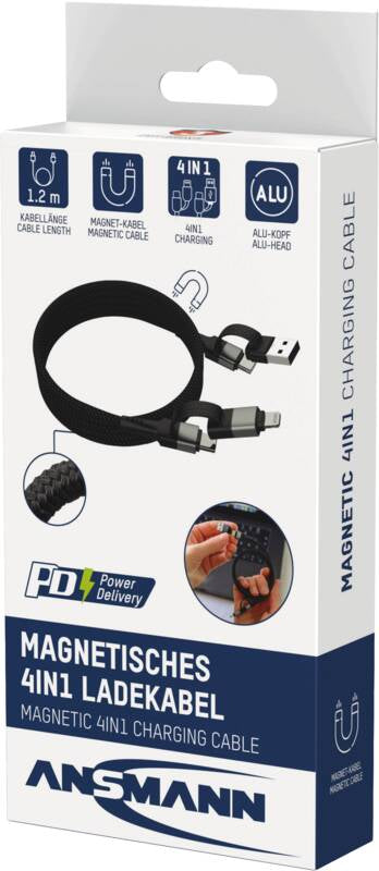 Ansmann Multi-Kabel – 4-in-1 USB-A/USB-C auf USB-C/Lightning 1,2 m, PD 60 W, geflochten – für iPhone/Android