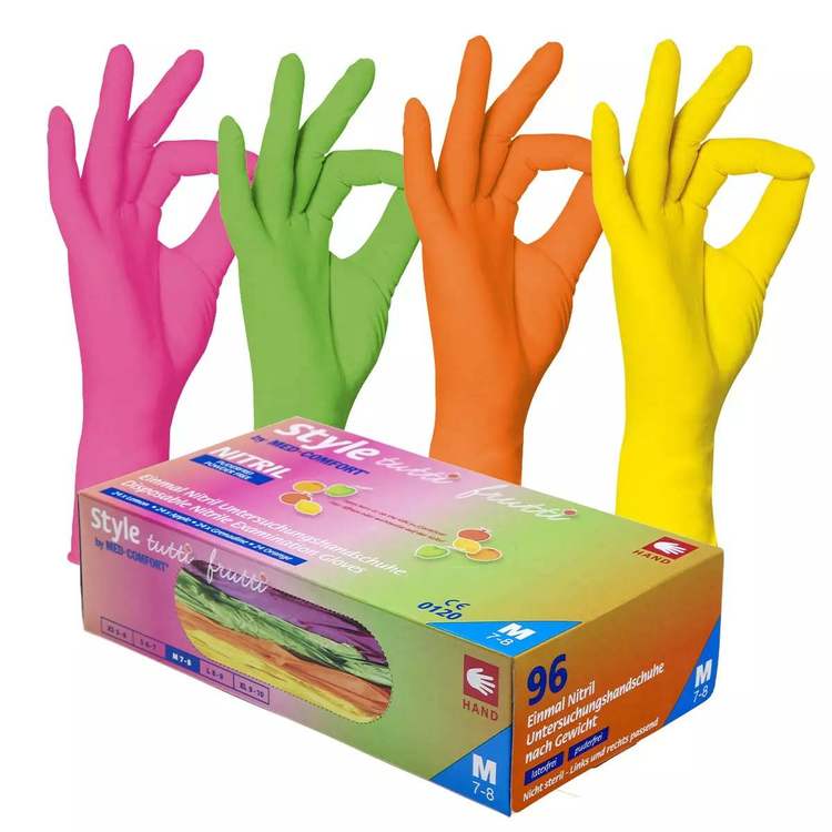 Einweghandschuhe Nitril, Tutti-Frutti – L, 96 Stück – Mehrfarbig, puderfrei