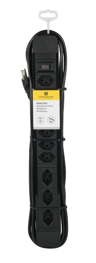 M. Schönenberger Schönenberger PRINCIPIO Steckdosenleiste, 10×T13, mit beleuchtetem Schalter, 2 m Kabel, Eingang T12 – schwarz
