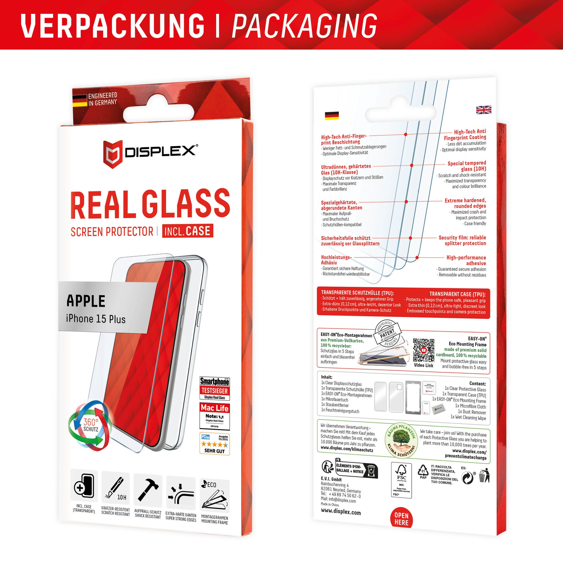 E.V.I. Backcover – für Apple iPhone 15 Plus, Glas+TPU, Transparent, Displayschutz, Reinigungstuch