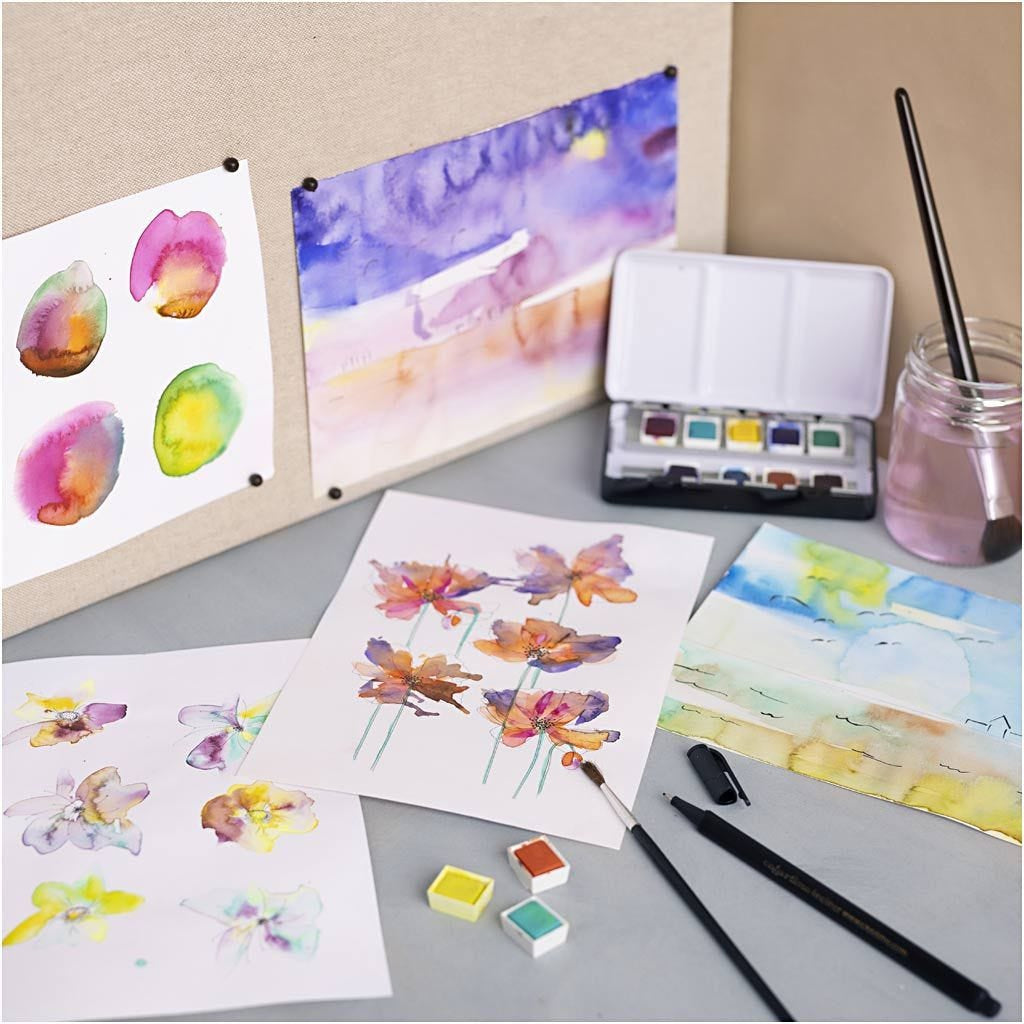 Creativ Company Wasserfarben-Bastelset – mit Wasserfarbenpalette, Pinsel und Aquarellpapier – Mehrfarbig