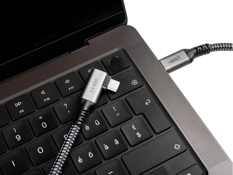 ONIT USB-C auf USB-C Kabel – USB4 20 Gbit/s – 3 m – PD 80 W – Abgewinkelt, Textilmantel – Schwarz/Grau