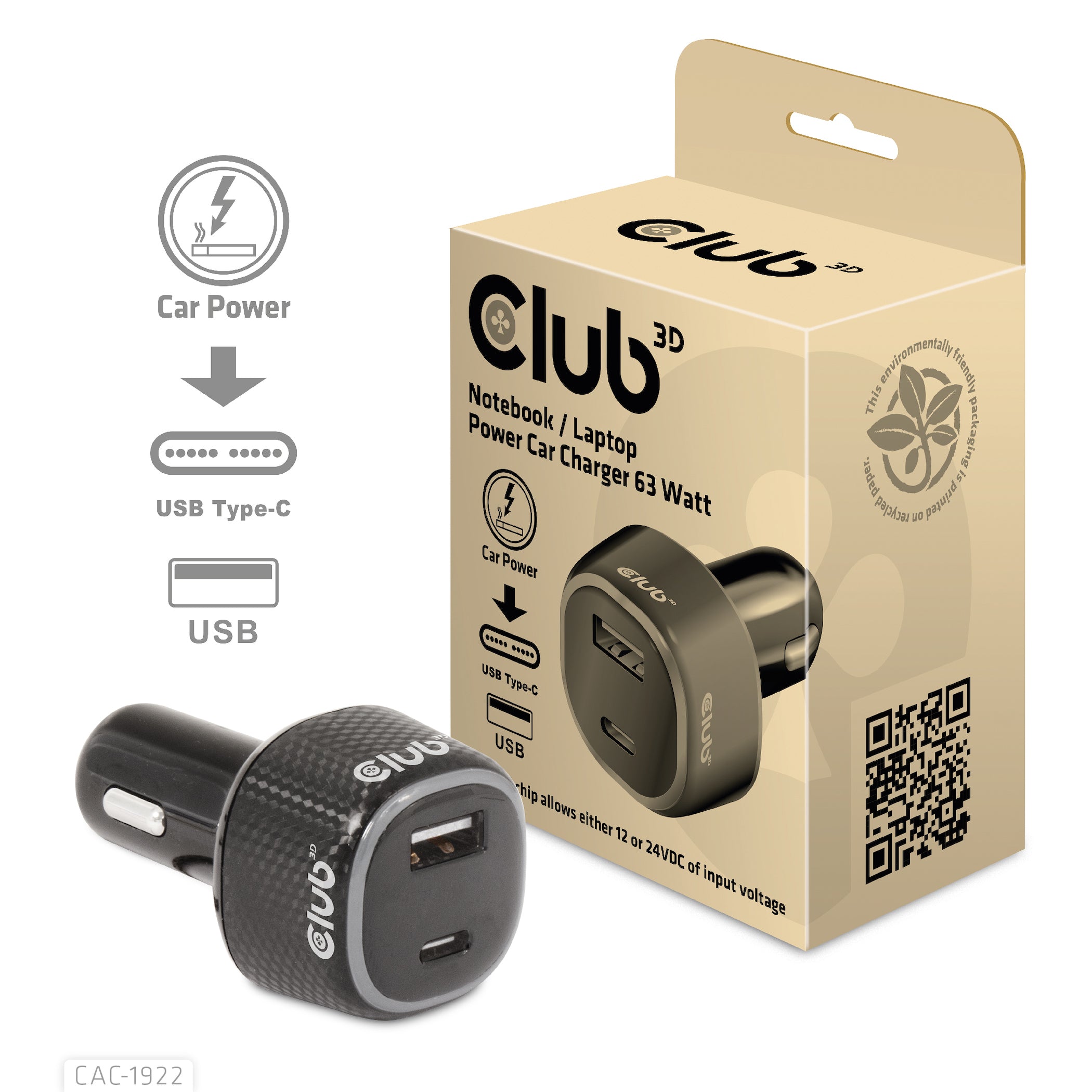 CLUB3D Club 3D CAC-1922 Auto-Ladegerät 63 W – USB-C×1, USB-A×1 – für 12–24 V Bordnetz