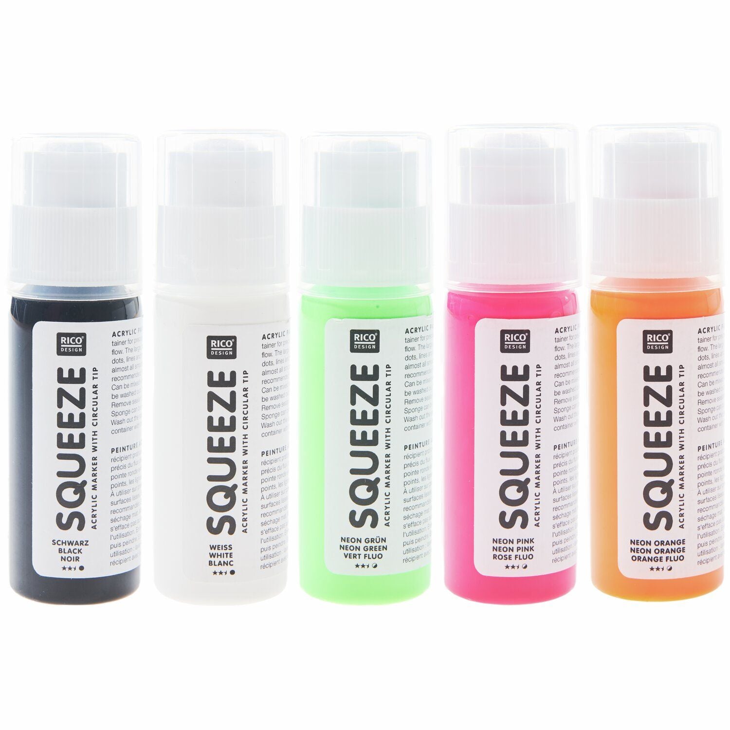 Rico Design Acrylfarbe (Squeeze Marker) – Mehrfarbig – 5 Farben – 5×60 ml (300 ml)