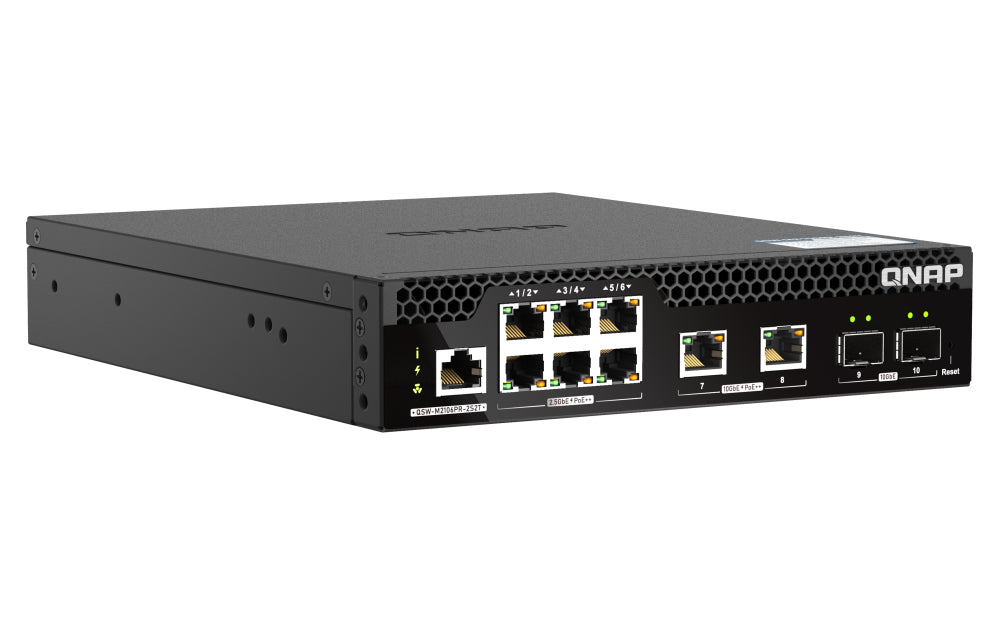 QNAP QSW-M2106PR-2S2T – Managed L2 Switch – 6× 2,5G + 2× 10G, 2× SFP+, PoE++, PoE-Budget 310 W, 19", 1U