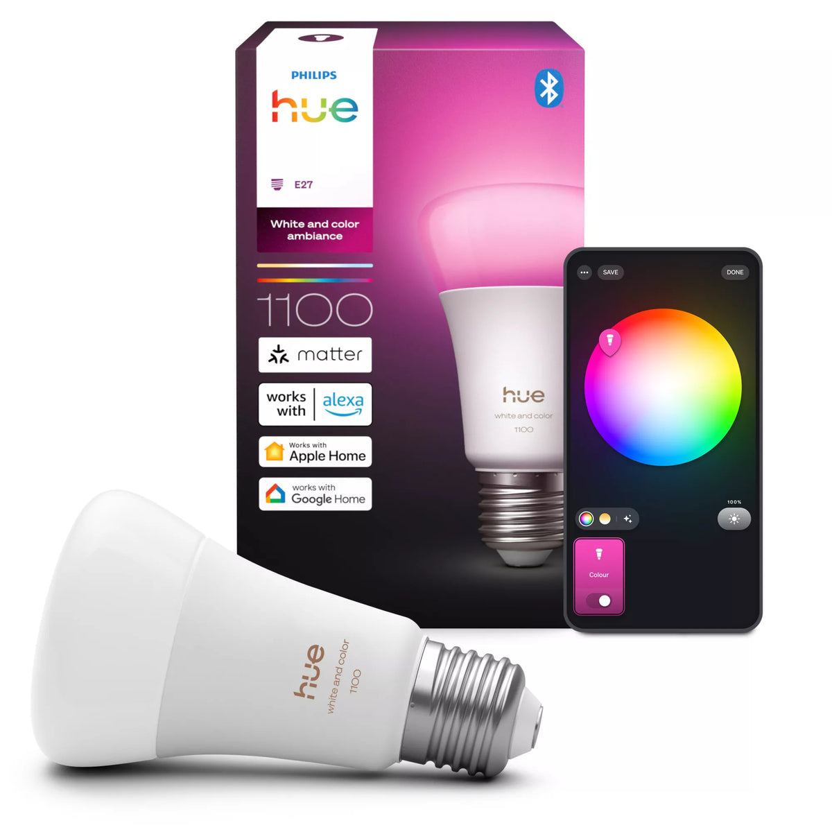 Philips by Signify Philips Hue Smart-Leuchtmittel E27 White & Color Ambiance A60 – 1100 lm, mehrfarbig, App-gesteuert, dimmbar – Weiss