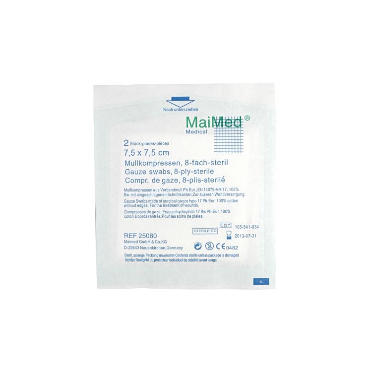 MaiMed Mullkompressen – DIN 61630-VM 17, 75 × 75 mm, 100 Stück, 17-fädig, weiss, 100% Baumwolle