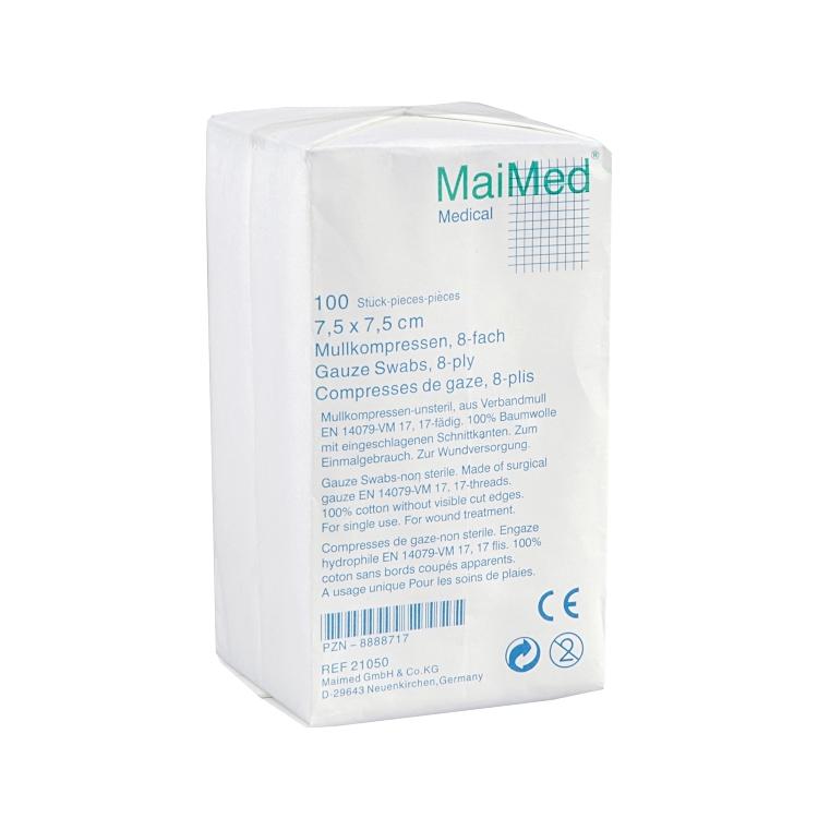 MaiMed Mullkompressen – DIN 61630-VM 17, 75 × 75 mm, 100 Stück, 17-fädig, weiss, 100% Baumwolle