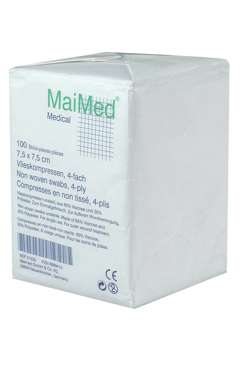 MaiMed Unsterile Vlieskompressen – 75 × 75 mm, 100 Stück, Textil, Weiss