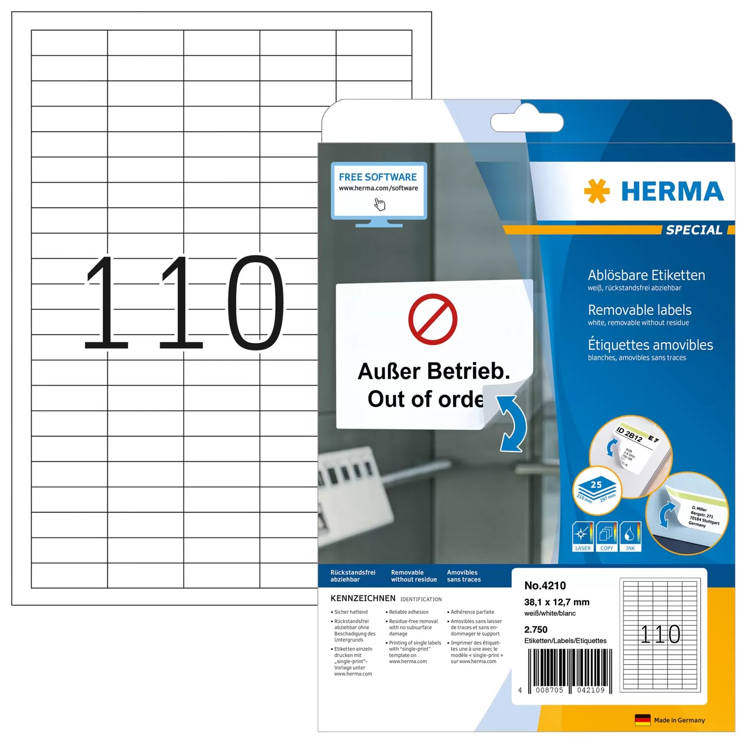 HERMA Druckeretiketten, 38 mm × 13 mm, weiss, Papier, ablösbar, 25 Blätter (2750 Etiketten)