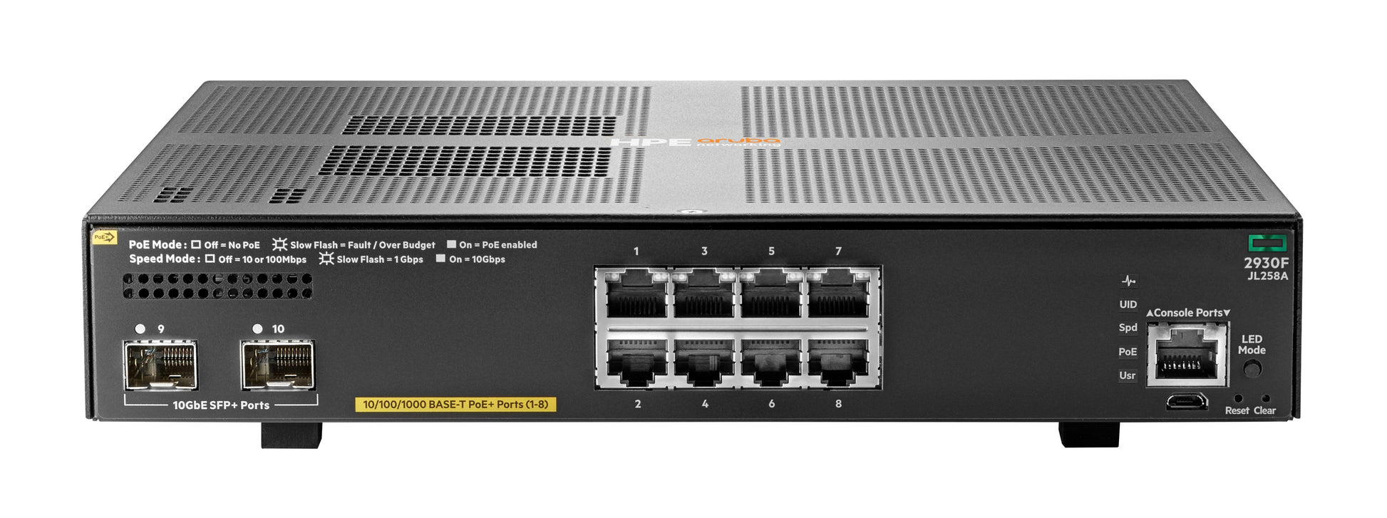 HPE Aruba 2930F-8G JL258A – Managed Switch – 8×GbE, 2×SFP+, L3, PoE+ 135 W, 1U