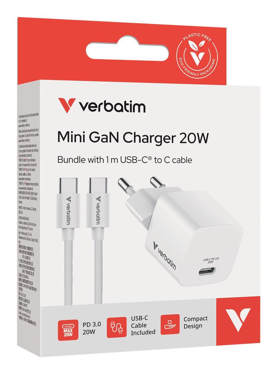Verbatim 32396 USB-Ladegerät 20 W – USB-C×1 – PD 3.0, GaN – EU-Stecker (Typ C), Weiss
