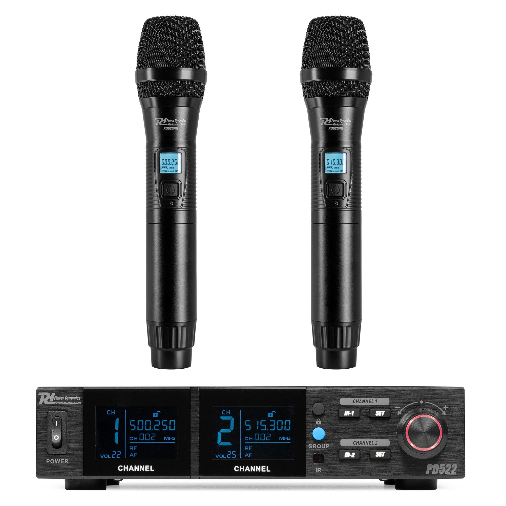 Power Dynamics PD522 – Bühnenmikrofon 2er-Set – XLR, Kabellos (500–530 MHz), Niere, 50–18'000 Hz, Schwarz