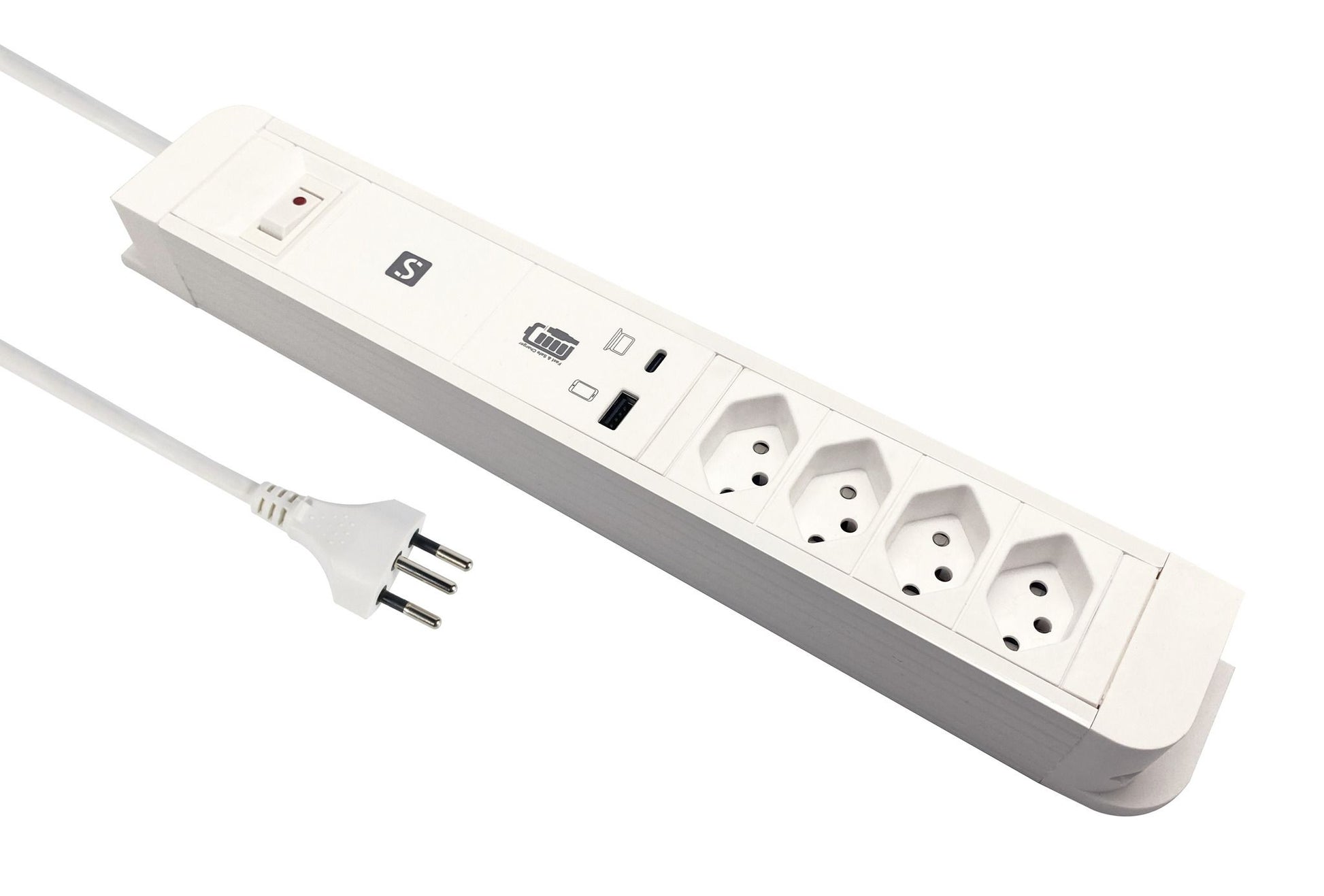 M. Schönenberger Schönenberger Plus Steckdosenleiste, 4×T13, 1×USB‑A + 1×USB‑C PD (65 W gesamt), 2 m, IP20 – weiss