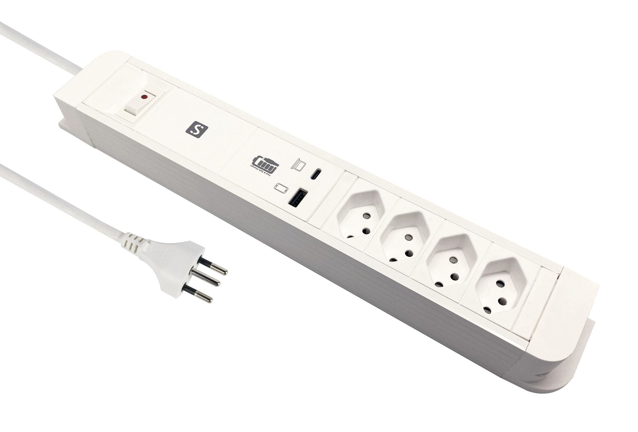 M. Schönenberger Schönenberger Plus Steckdosenleiste, 4×T13, 1×USB‑A + 1×USB‑C PD (65 W gesamt), 2 m, IP20 – weiss