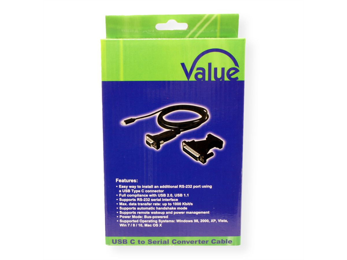 VALUE USB Seriell Konverter USB-C zu RS232 (DB9/DB25) – 1,8 m, USB 2.0/1.1 – Schwarz