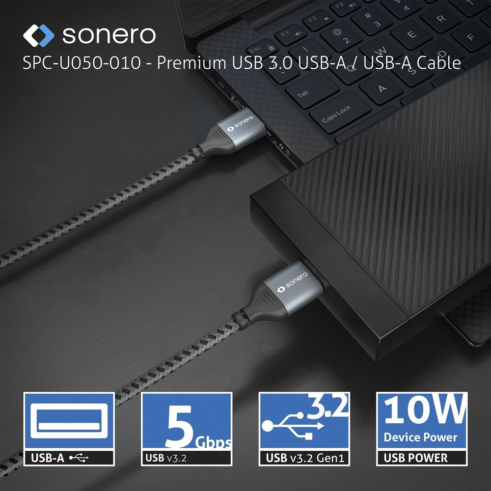 Sonero – USB-A auf USB-A Kabel – USB 3.2 Gen 1 (5 Gbit/s) – 1 m – Geflochten – Schwarz/Grau