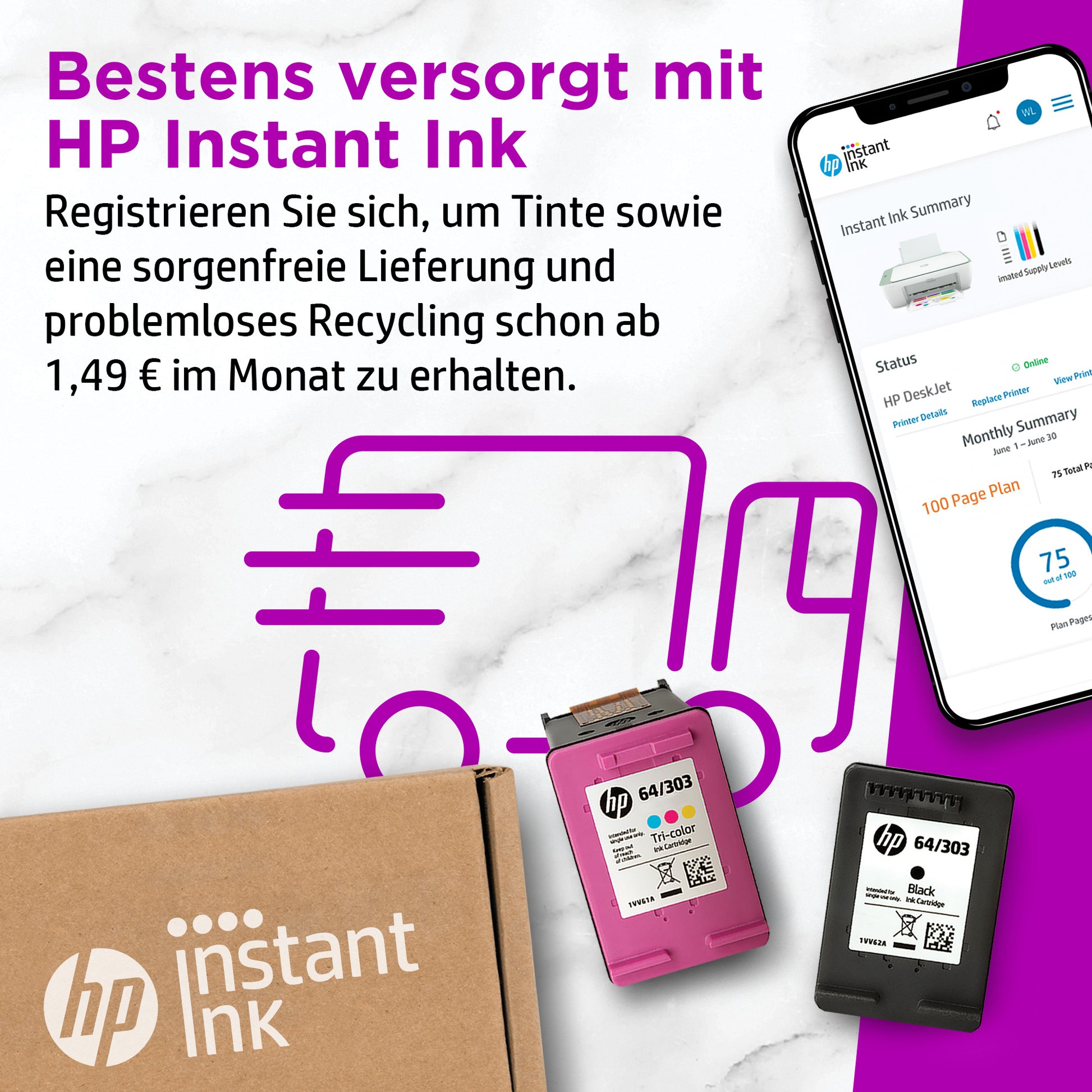 HP DeskJet 2722e 6-Farbtintenstrahl-Multifunktionsdrucker, A4, 3-in-1, Duplex, WLAN, AirPrint, Mopria