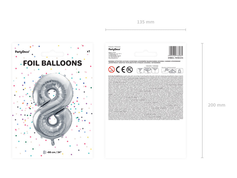 PartyDeco Folienballon Zahl 8 – Silber – 86 cm – Folie – 1 Stk