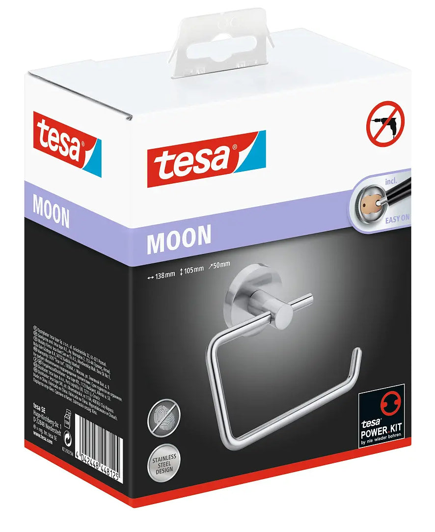 TESA MOON – Toilettenpapierhalter – Edelstahl, klebend, 13,8 × 5 × 10,5 cm