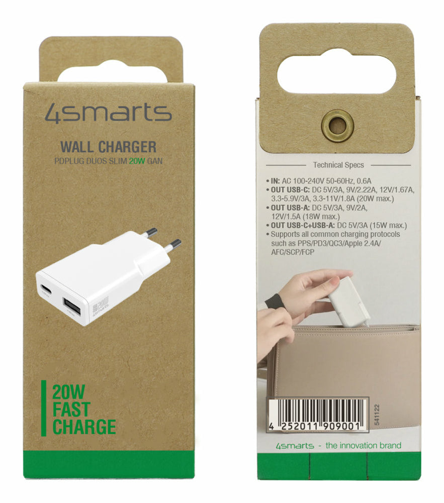 4smarts PDPlug Duos Slim USB-Ladegerät 20 W – USB-C×1, USB-A×1 – QC 3.0, GaN