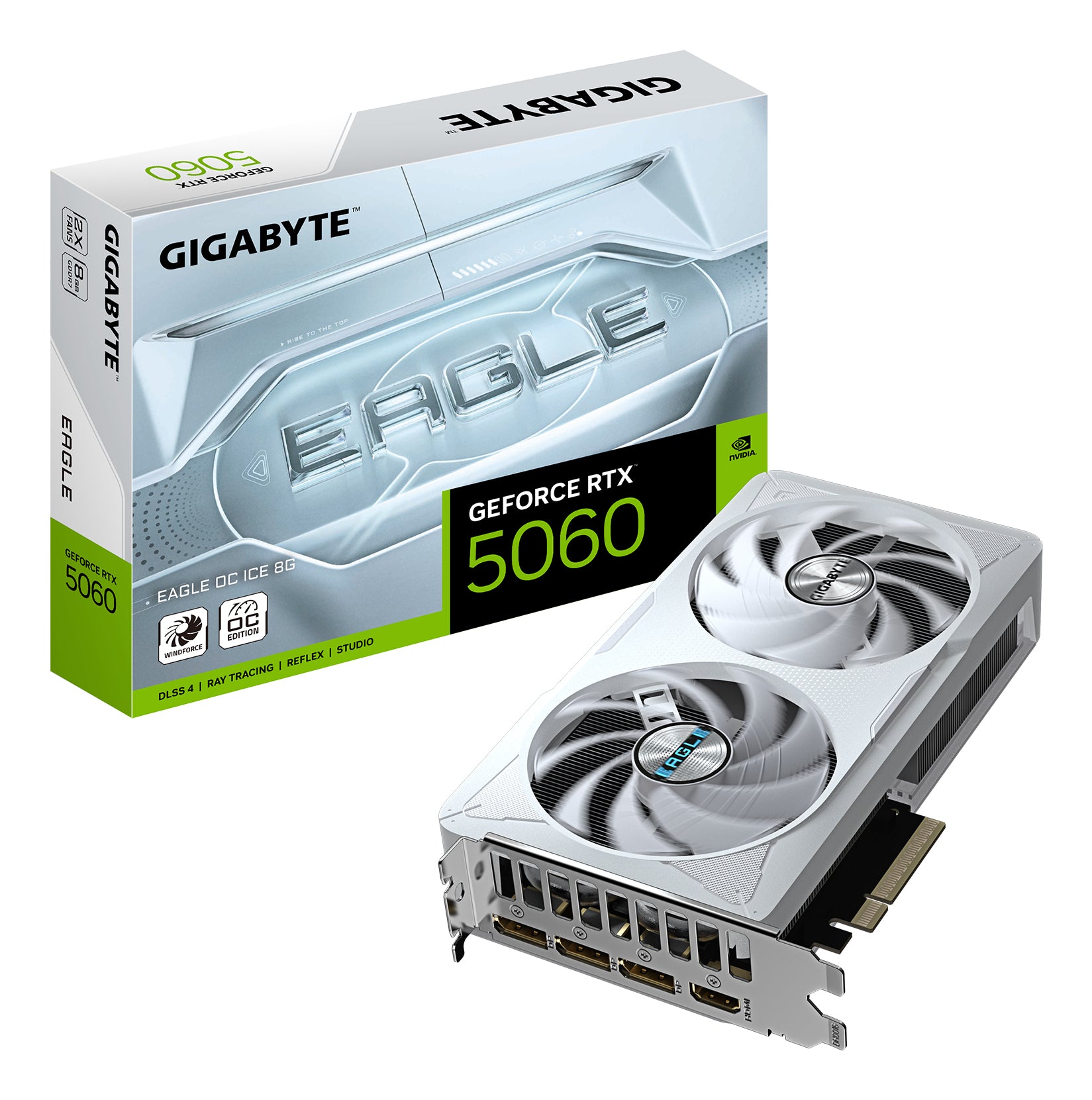 GIGABYTE GeForce RTX 5060 EAGLE OC ICE 8G – 8 GB GDDR7, PCIe 5.0, 3×DisplayPort, 1×HDMI, 109 W