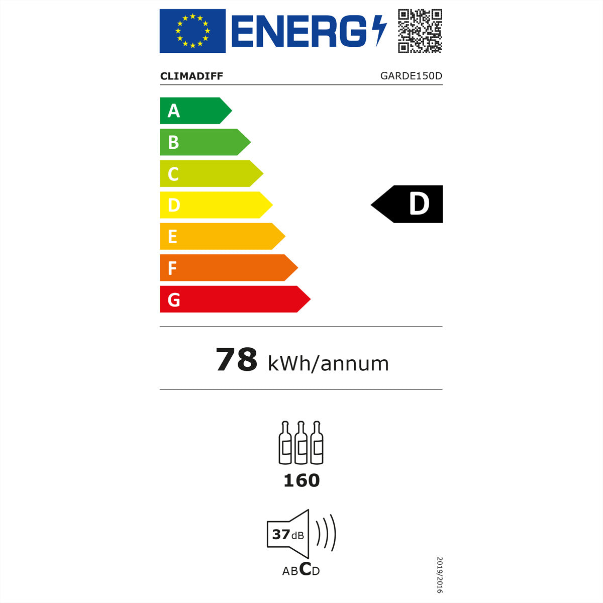 Climadiff Weinkühlschrank GARDE150D – 310 l, Kompressor, Energieeffizienzklasse D, 37 dB