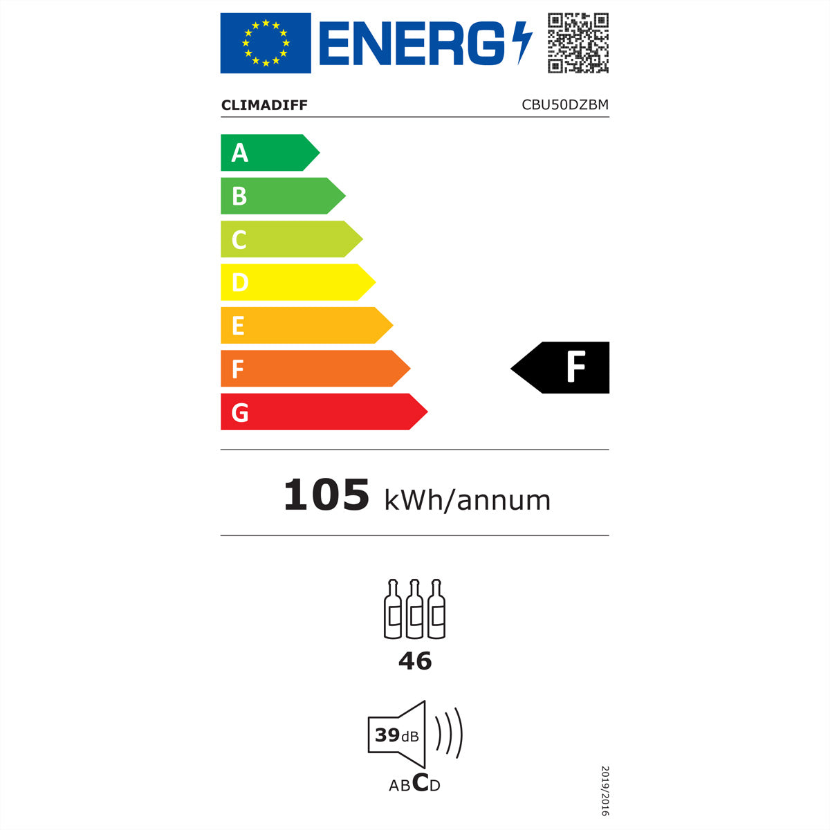Climadiff Weinschrank CBU50DZBM – 46 Flaschen, Energieeffizienzklasse F, 39 dB, Schwarz