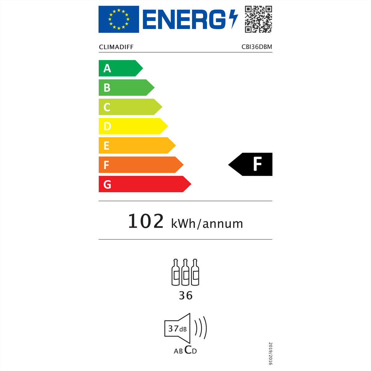 Climadiff Weinschrank CBI36DBM – Energieeffizienzklasse F, 37 dB, Schwarz, 59,0×56,3×59,5 cm