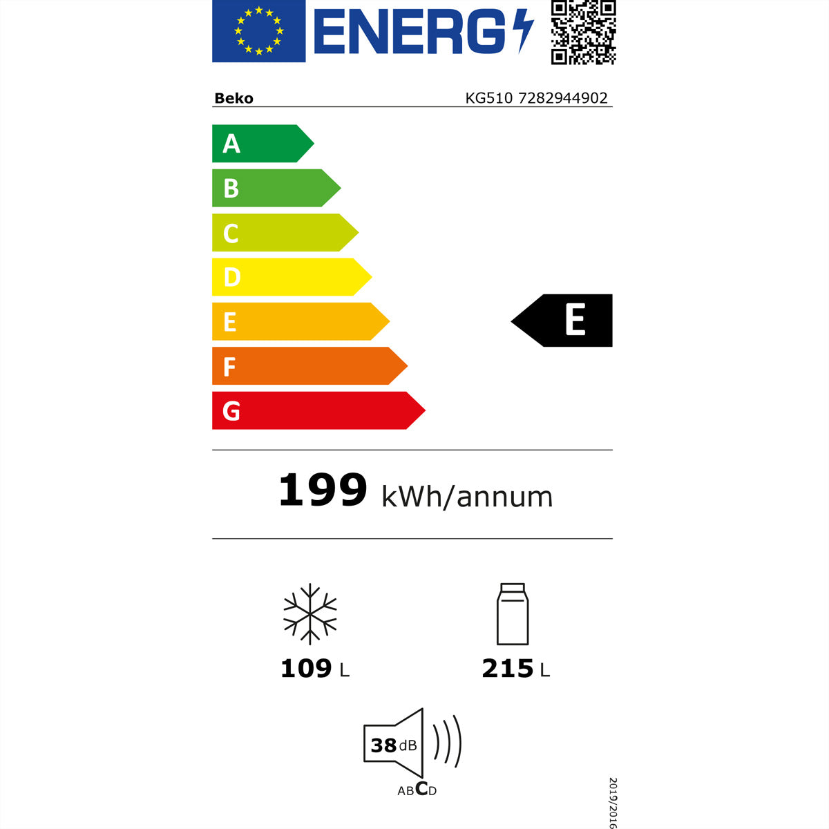 Beko Kühl-Gefrierkombination KG510 – 316 l, 230 V, Energieeffizienzklasse E, 38 dB