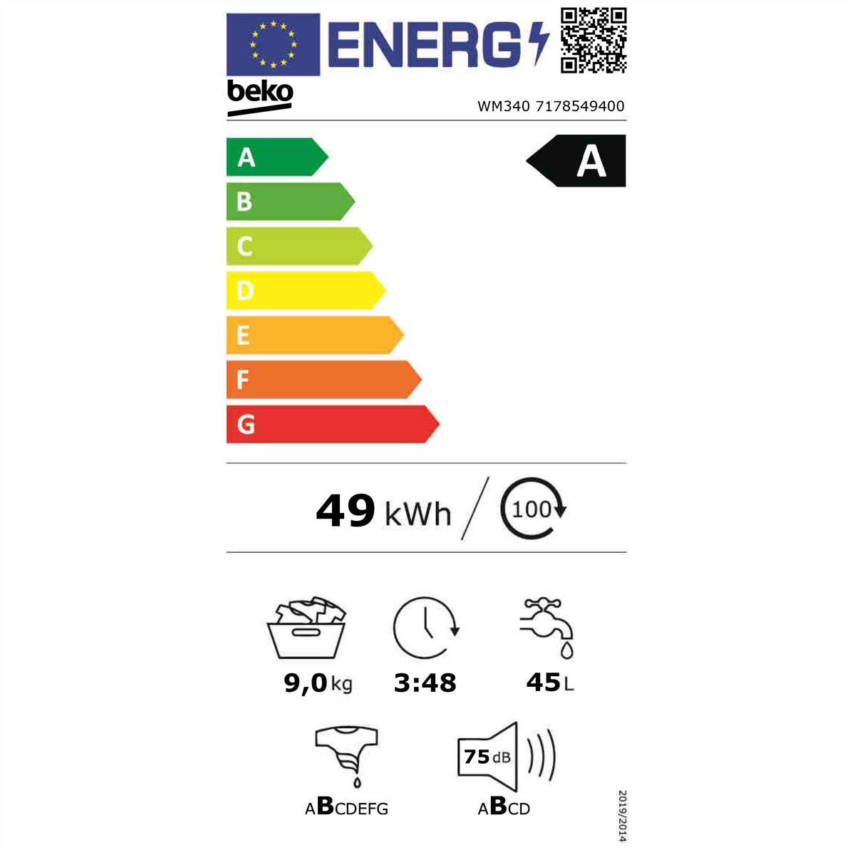 Beko Waschmaschine WM340 – 9 kg, 1400 U/min, Energieklasse A – weiss