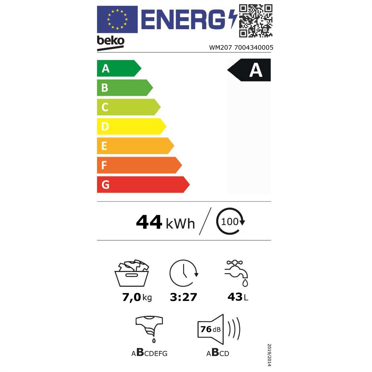 Beko Waschmaschine WM207 – 7 kg, 1351 U/min, Energieeffizienzklasse A – weiss