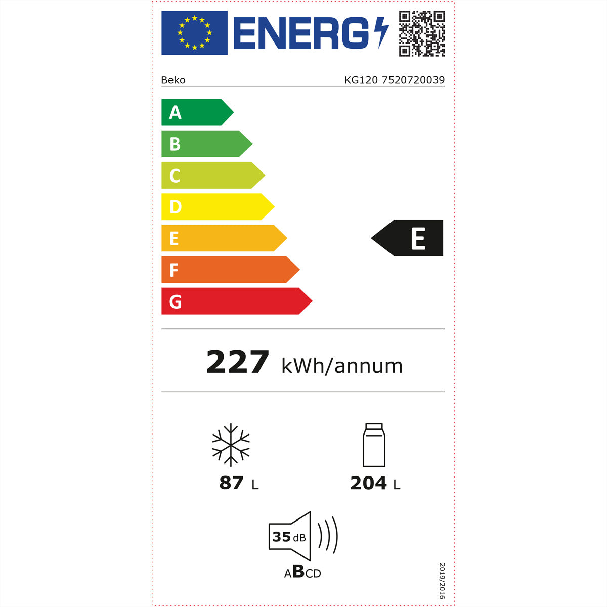 Beko Kühl-Gefrier-Kombination KG120 – 291 l, 230 V, statisch, Energieeffizienzklasse E