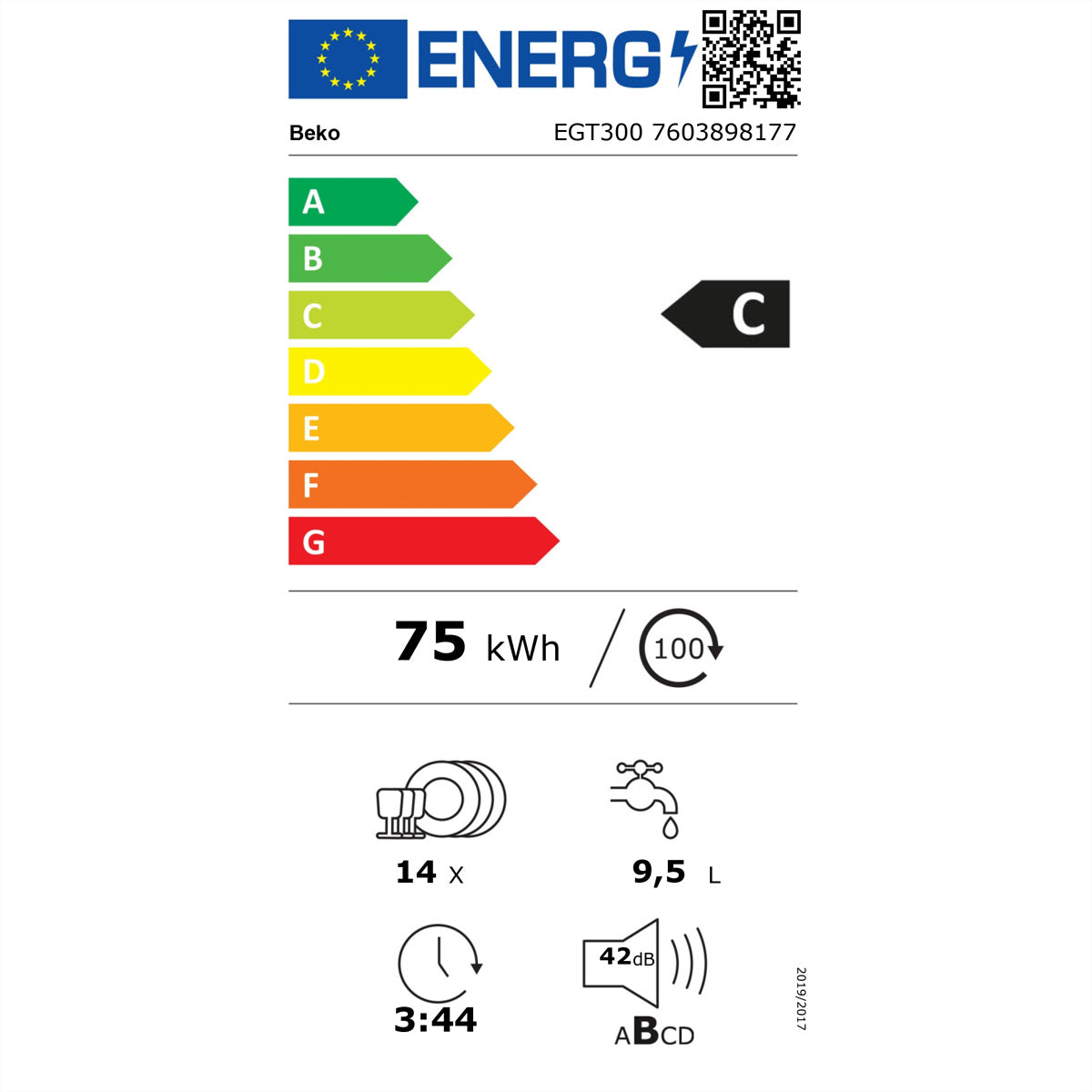 Beko Geschirrspüler EGT300 – teilintegriert, 59,8 cm, 14 Massgedecke, Energieklasse C, 9,5 l, 42 dB – weiss