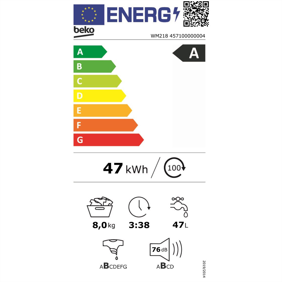 Beko Waschmaschine WM218 – 8 kg, 1400 U/min, Invertermotor, Energieklasse A – weiss