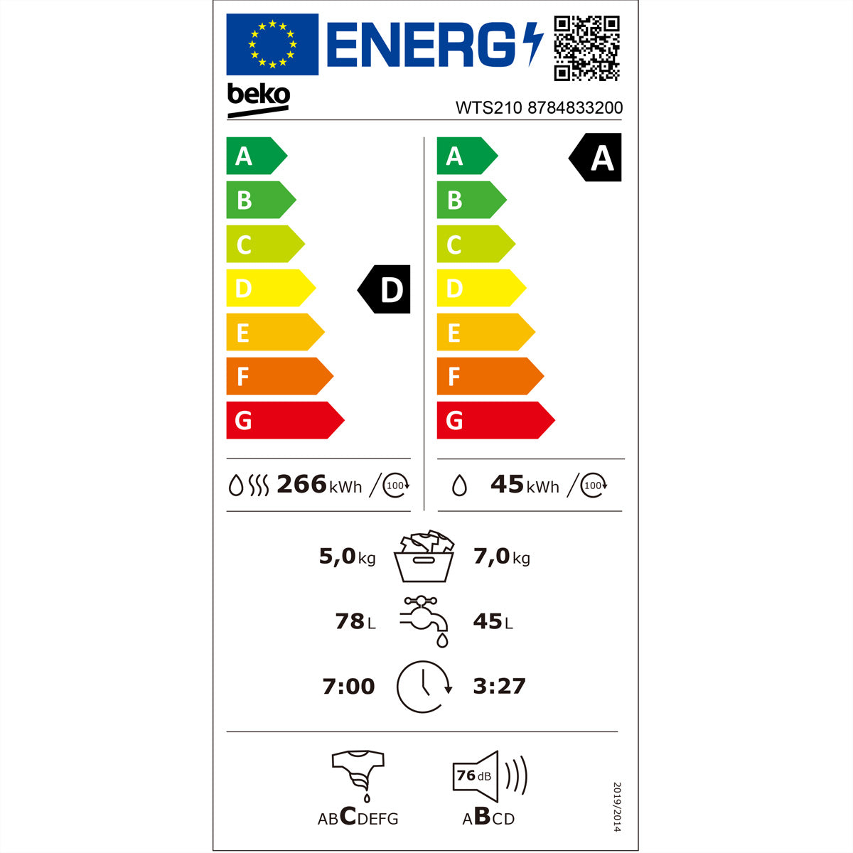 Beko Waschtrockner WTS210 – 7 kg Waschen, 5 kg Trocknen, 1'400 U/min – weiss