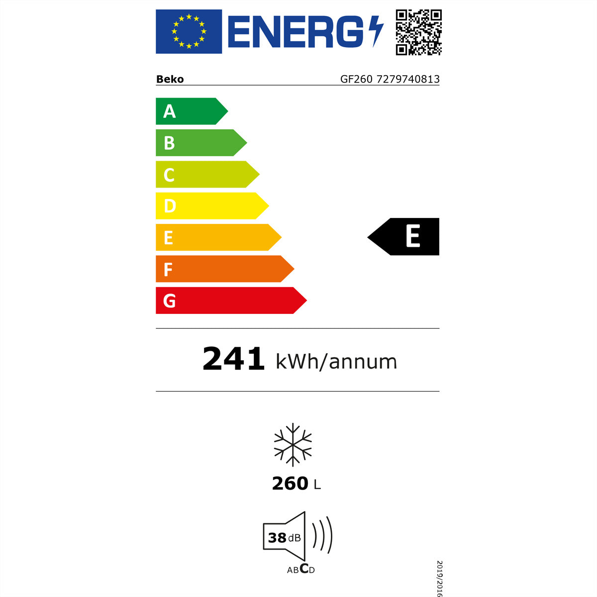 Beko Gefrierschrank GF260 – 260 l, 220/240 V, Energieeffizienzklasse E, 38 dB