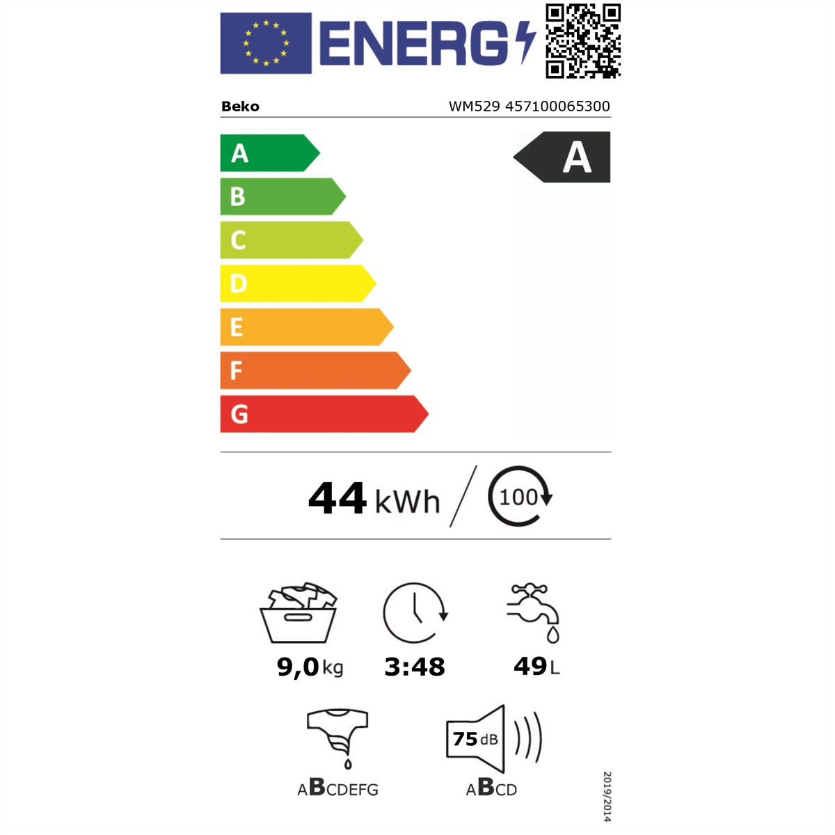 Beko Waschmaschine WM529 – 9 kg, Energieeffizienzklasse A, 1400 U/min, Invertermotor – Grau