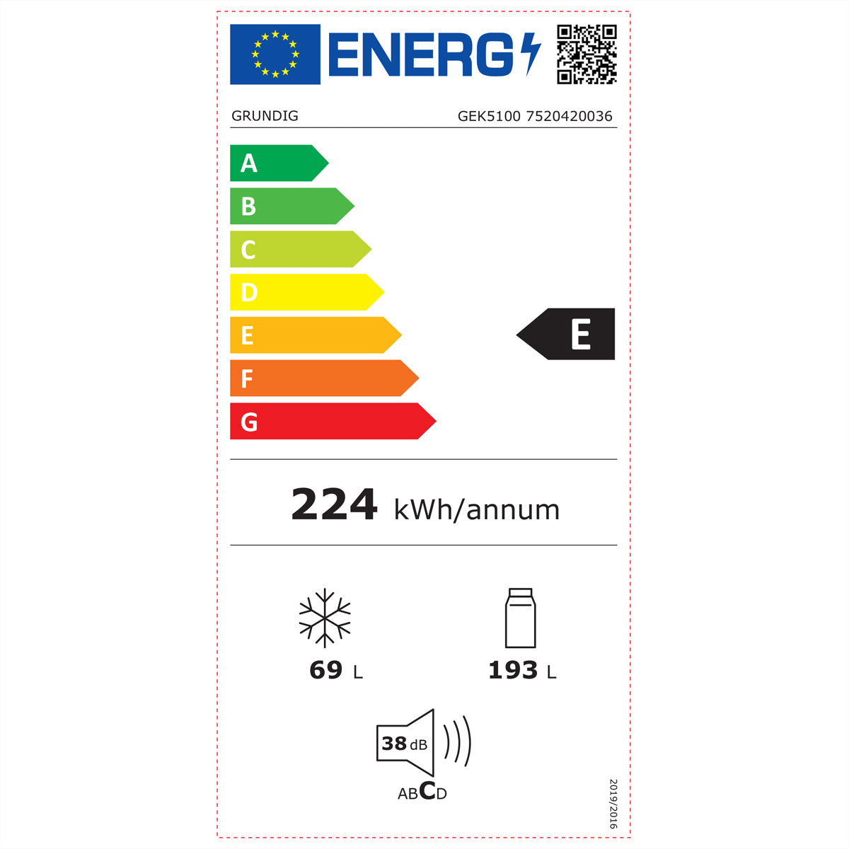 Grundig Kühl-Gefrier-Kombination GEK5100 – 262 l, 230 V, Energieeffizienzklasse E, 38 dB