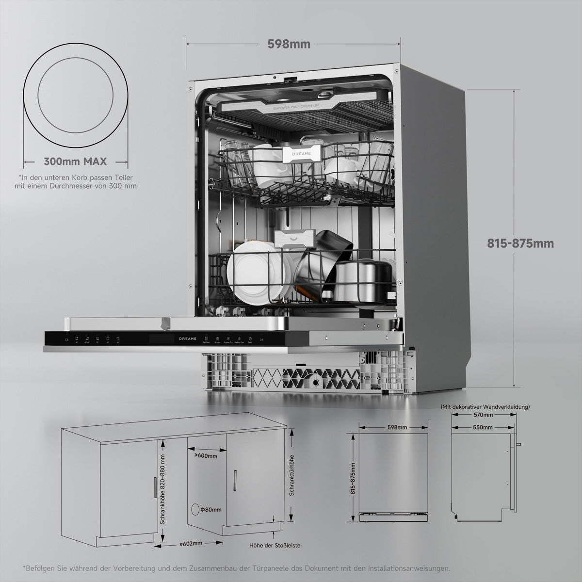 Dreame Einbau-Geschirrspüler DZ60PRO DN15DQ86Z6 – 15 Massgedecke, Energieeffizienz A, 42 dBA – Silber